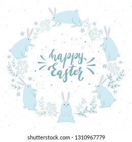 Card with blue Easter rabbits and floral elements on white background, illustration.