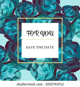 card with blue floral pattern, invitation with roses and gold frame