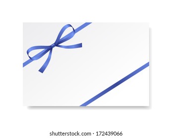 Card with blue gift bow on white. Vector illustration