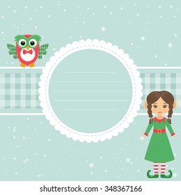 card blue with girl elf and owl