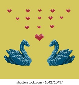 Card with the blue isometric swans in the yellow background with red hearts. Good for contemporary celebration of Saint Valentine Day
