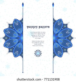 Card with blue round oriental paisley pattern and dividers. In the center is the place for the text. Winter colors and snowflakes on the background