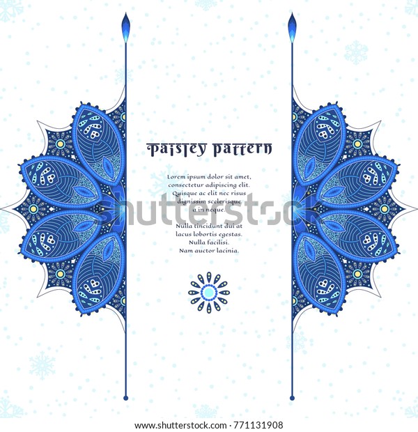 Card with blue round oriental paisley\
pattern and dividers. In the center is the place for the text.\
Winter colors and snowflakes on the\
background