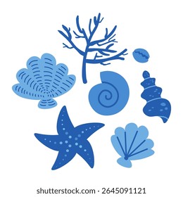 Cartão com azul conchas desenhando vetor ilustração motivo náutico. Plano de fundo estilo boho com conches. Símbolo para praia, mar, frutos do mar, verão. Design para cartão postal, papel de parede, modelo, cartaz