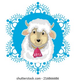 Card with blue snowflake and little cute sheep, symbol of 2015 new year