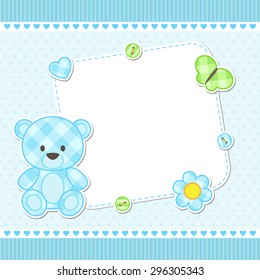 Card with blue teddy bear for boy. Vector template with place for your text