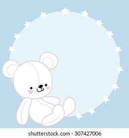 Card with blue teddy bear for boy. Vector template with place for your text