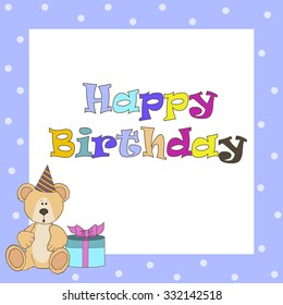 Card with blue teddy bear for boy. Vector template