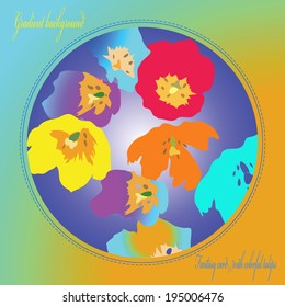 Card with blue tulips and text  on a light gradient background.