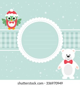card blue with winter bear and owl