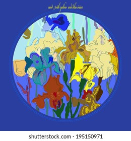 Card with blue and yellow irises in a circle on a blue background. Handmade.