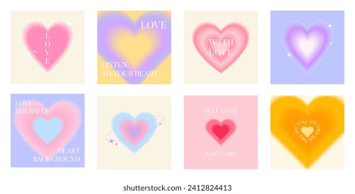 Card with blur colorful gradient hearts set. Template square banner with positive love text. Trendy y2k style design. Modern minimalist style. Vector illustration