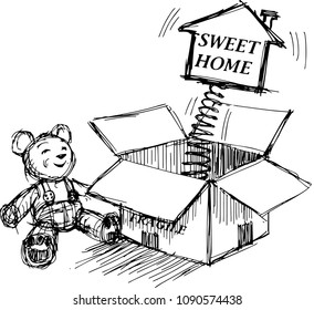 card board box,relocation,moving home concept,new house,sketch style