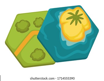 Tarjeta para juegos de mesa, placas hexagonales aisladas con elementos de tierra y agua. Isla con palmeras y bosque con sendero, paisajes en tablas. Conjunto aislado de mapas del tesoro para niños, vector