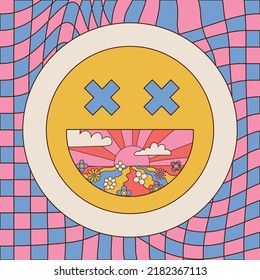 Card With Bog Smile Face And Groovy Landscape In Open Mouth. Vector Cartoon Linear Illustration. Smiley Face With Trippy Lsd Acid Print For T-shirt, Poster, Sticker