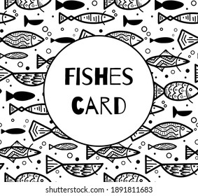 Card with boho pattern with outline doodle fishes and bubbles and place for text on white background. Underwater lagoon world. Vector template for menu, banner, recipe and for your business