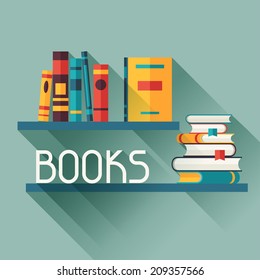 Card with books on bookshelves in flat design style.