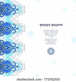 Card with border and place for text. The ornament consists of paisley and blue bird feathers. Winter colors and snowflakes on the background