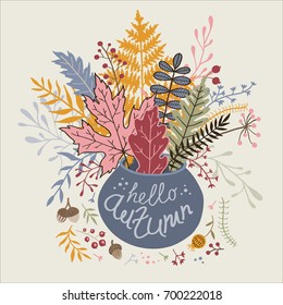 Card with a bouquet of autumn leaves.Vector