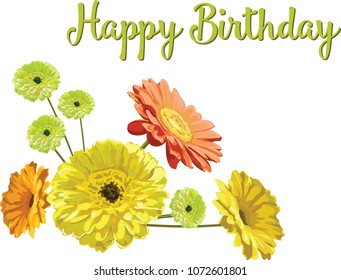 Card with a bouquet and congratulation HAPPY BIRTHDAY from flowers brightly drawn gerberas and chamomiles isolated in vector yellow, orange and green