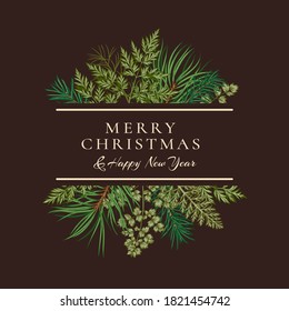 Сhristmas card with bouquet with coniferous branches and greenery. Botanical illustration. Dark background and colorful pattern.