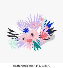 Card with Bouquet  of Exotic Flowers and Leaves. Illustration  for Surface , Invitation , Notebook, Banner , Wrap Paper ,Textiles, Cover, Magazine ,Postcard Background ,Textile 