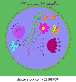 Card of bouquet with flowers, butterflies, twigs in a circle with rosy text. Handmade.