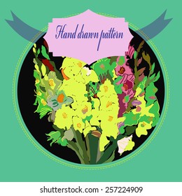 Card with bouquet of gladioli, label on a   black  circle. Hand drawn.Still from life.