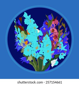 Card with bouquet of gladioli on a  dark blue   circle. Hand drawn.Still with life.