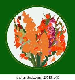 Card with bouquet of gladioli on a   white  circle. Hand drawn.Still with life.