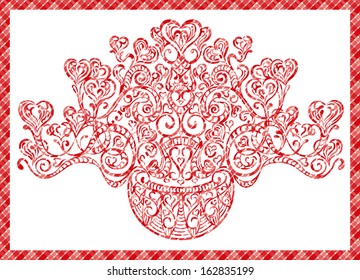 Card bouquet of hearts. Swirling decorative elements. Valentines Day
