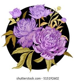 Card with bouquet of peonies isolated in a black circle on a white background. Green leaves, buds, lilac flowers with circuit gold foil. Oriental style. Hand drawing art. Vector illustration. Vintage.