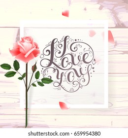 Card with a bouquet of roses flowers and hand lettering inscription "i love you" For posters, postcards, home decorations. Vector illustration