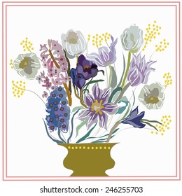 Card with bouquet of tulips, crocuses, hyacinths in a vase,frame  on a white background. Hand drawn.