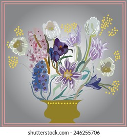 Card with bouquet of tulips, crocuses, hyacinths in a vase,frame  on a gradient gray background. Hand drawn.