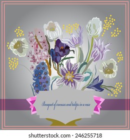 Card with bouquet of tulips, crocuses, hyacinths in a vase,frame, label on a  gradient gray background. Hand drawn.