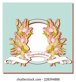 card with a bouquet of tulips on blue frame