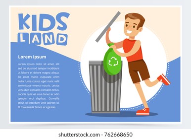 Card with boy hangs clothes in the closet. Kid doing a home cleanup, household chores. Teenager cleaning his room. Flat style cartoon vector illustration.