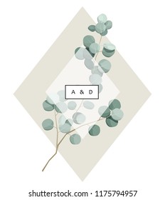 card with branch and eucalyptus leaves, wedding ornament concept. Floral poster, invite. Vector decorative greeting card or invitation design background