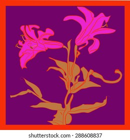Card with branch of  stylized flower,leaves, flowers, stamens. Hand drawn, sketch from life.