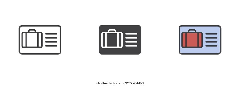 Card with briefcase different style icon set. Line, glyph and filled outline colorful version, outline and filled vector sign. Shopping list symbol, logo illustration. Vector graphics