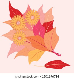 card with bright autumn leaves and flowers