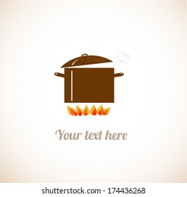 Card with brown boiling pot on fire. Vector illustration.