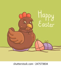 Card with brown hen sitting on Easter egg