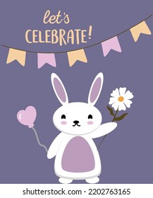 Card with Bunny, daisy, balloon, decoration and Let's Celebrate the phrase