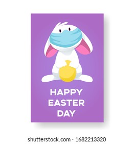 Card with a bunny in a face mask with an easter egg, Easter 2020, COVID 19