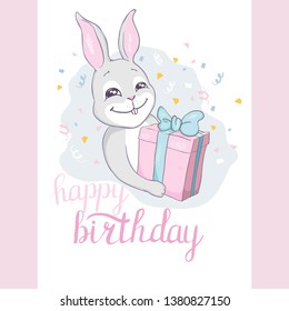 Card with Bunny. Happy Birthday! Illustration of a rabbit.