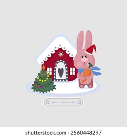 A card with a bunny standing by a Christmas tree and a house.