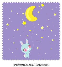 Card with bunny, who holds a balloon in the form of the month