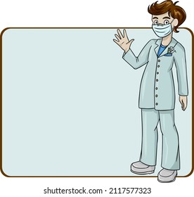 Eine Karte, eine Visitenkarte mit einem leeren Platz zum Einfügen. Ein Arzt, ein Zahnarzt steht in einem Arztanzug und Maske und kümmert sich um ihre Gesundheit. Vektorgrafik für die Zahnpflege